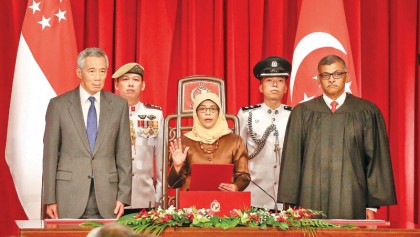 Singapore swears in first female president